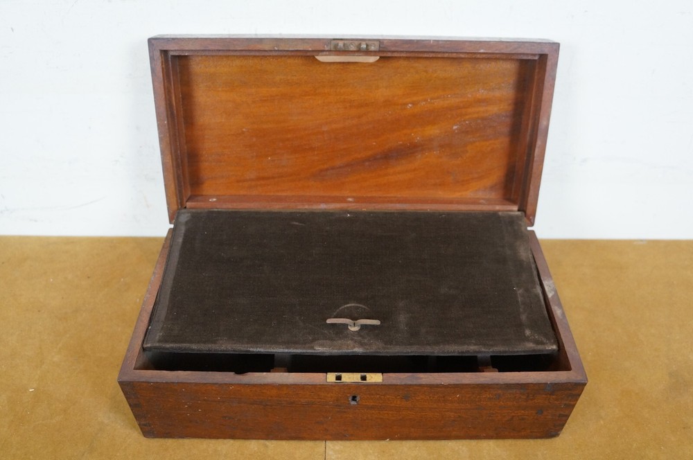 Antique Mahogany Locking Scientific Instrument Case Box & Assorted Objects 13"