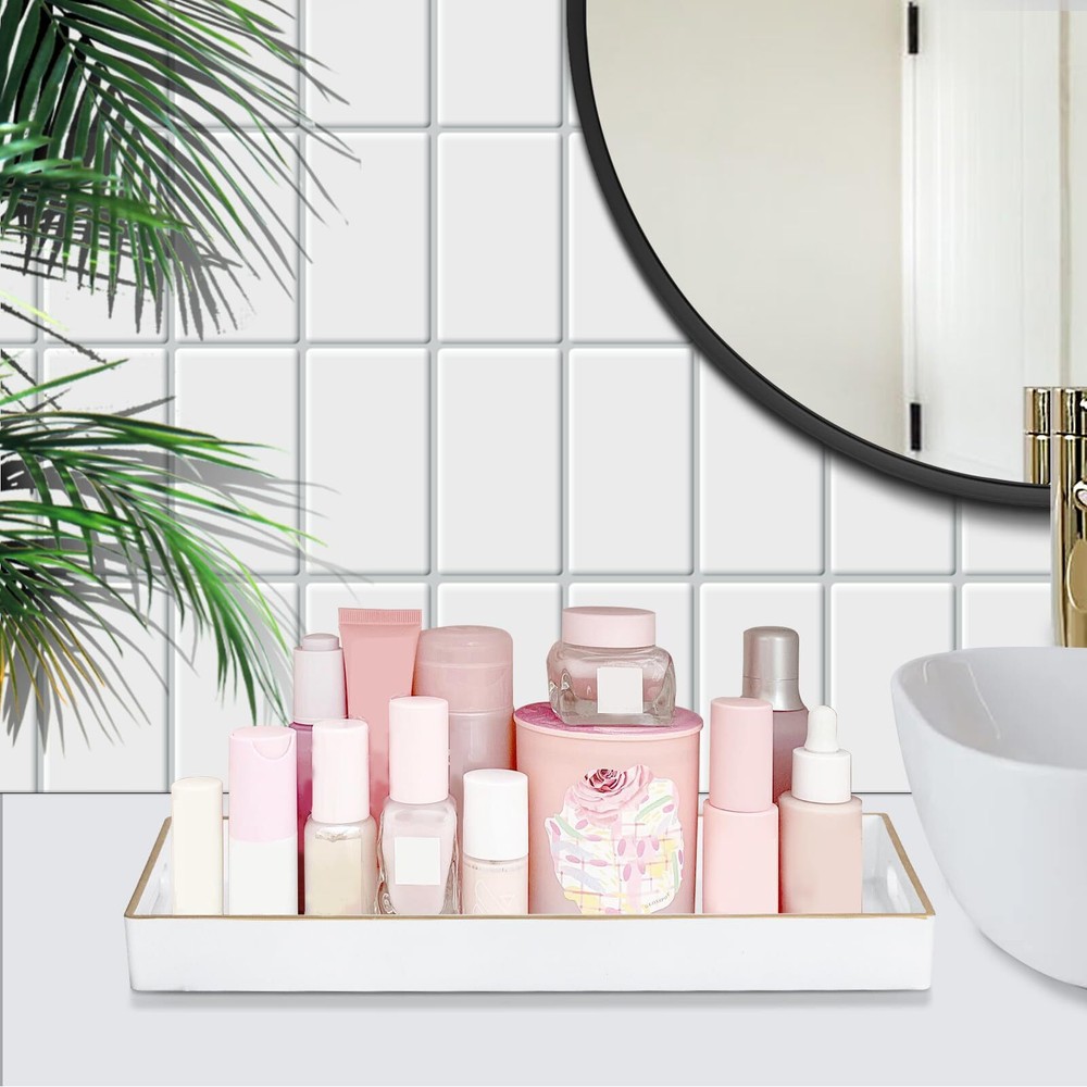 White Vanity Tray Plastic Decorative Tray Rectangular Trays with Handles Bath...