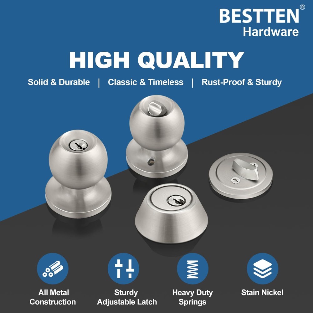 2 Pack Keyed Same Exterior Door Knobs and Single Cylinder Deadbolts Combo Set