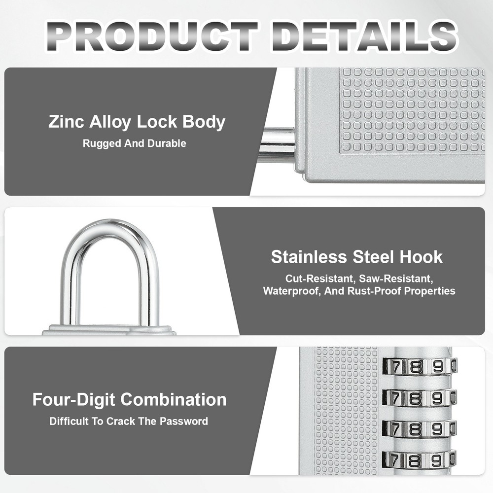 Combination Padlock (Medium, Silver), 3-Digit Shackle Code Locks