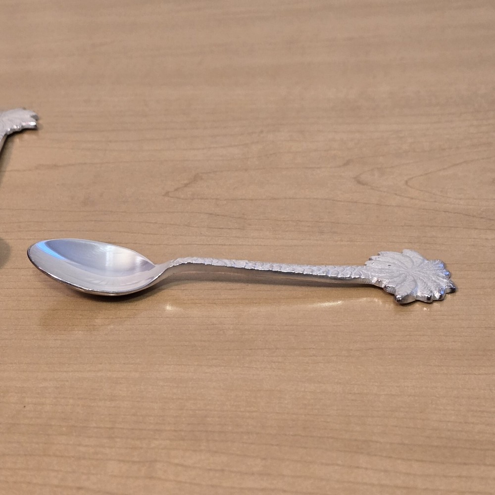 6 Mini Spoons Palm Tree Design Silver Tone Unmarked Baby Size Etched