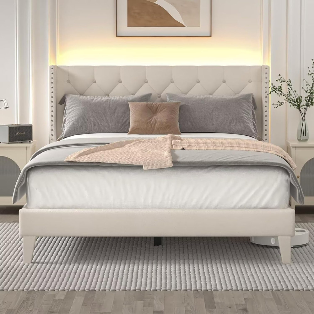 DOGIBIXO Queen Size Bed Frame with LED Lights, Upholstered Bed Frame with Wingba