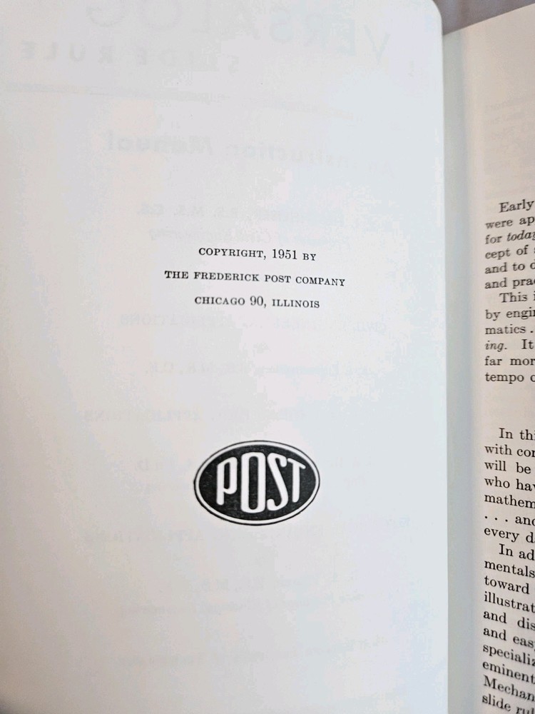 VERSALOG Slide Rule Instructions, The Frederick Post Co.