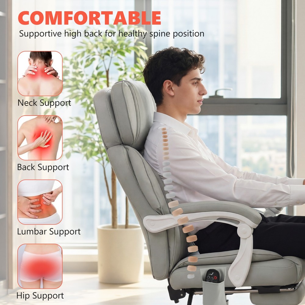 Massage Office Chair with Heat Reclining Function, Light Gray