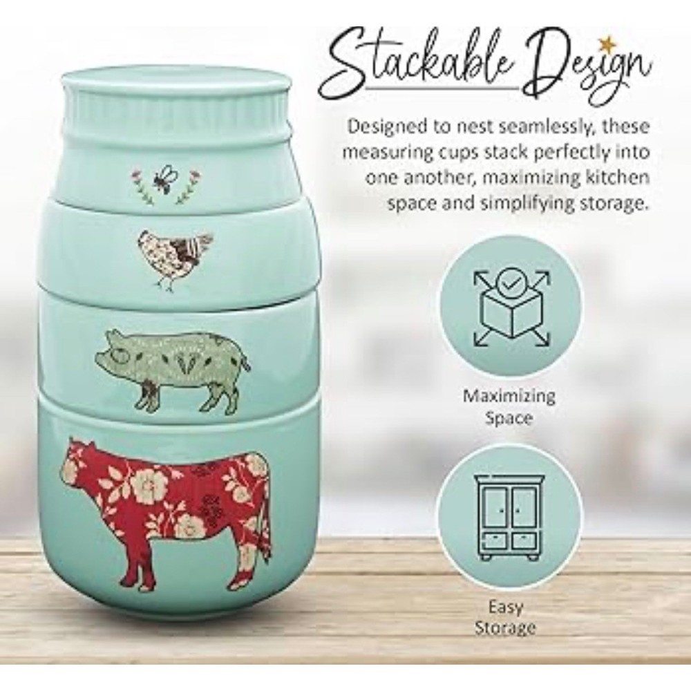 Live Simply Amylee Weeks Stackable Ceramic Measuring Cups Farmhouse Teal 4 Piece