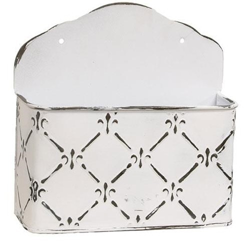 Whitewashed Fleur De Lis Galvanized Mail Bin Box Post Plant Wall Hanging CWI