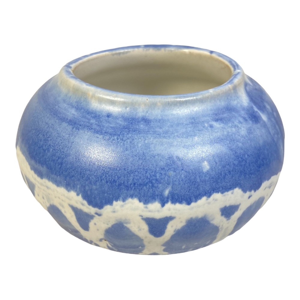 Pottery Art Vase Bowl Blue White Handmade Signed