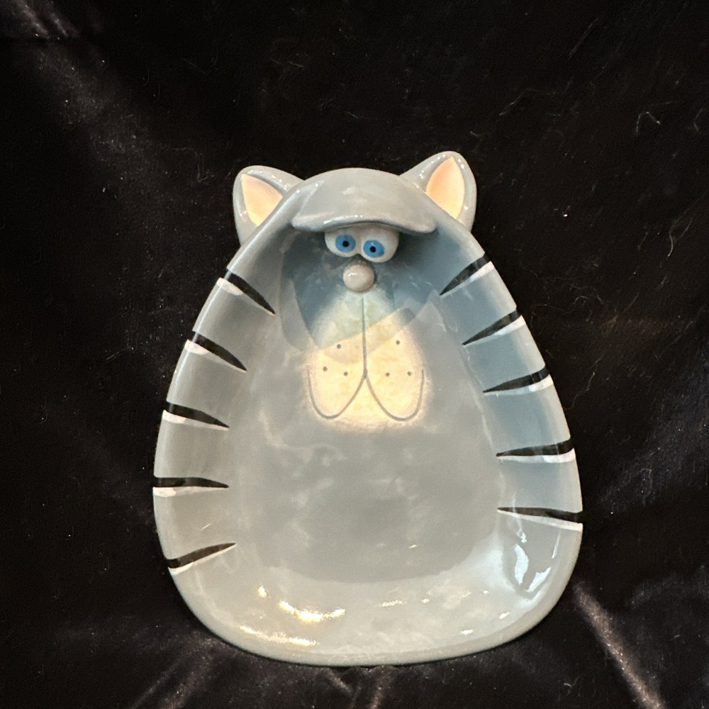 Gray  Stripe Ceramic Cat Candy Dish