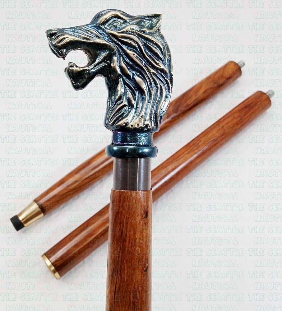 Nautical Solid Wolf Head Design Handle Wooden Style Walking Stick Cane Gift