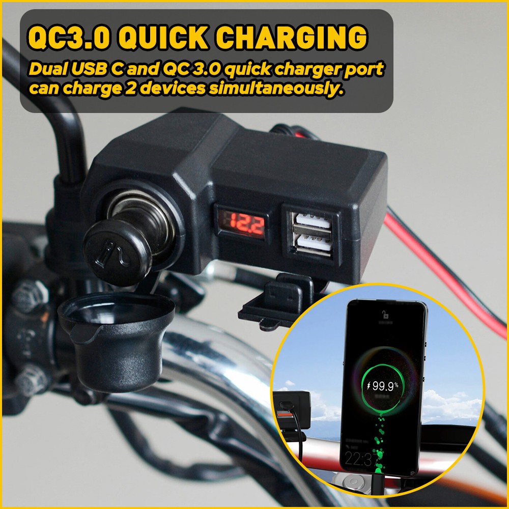 Motorcycle Handlebar Dual USB Phone Charger Cigarette Lighter Socket Waterproof