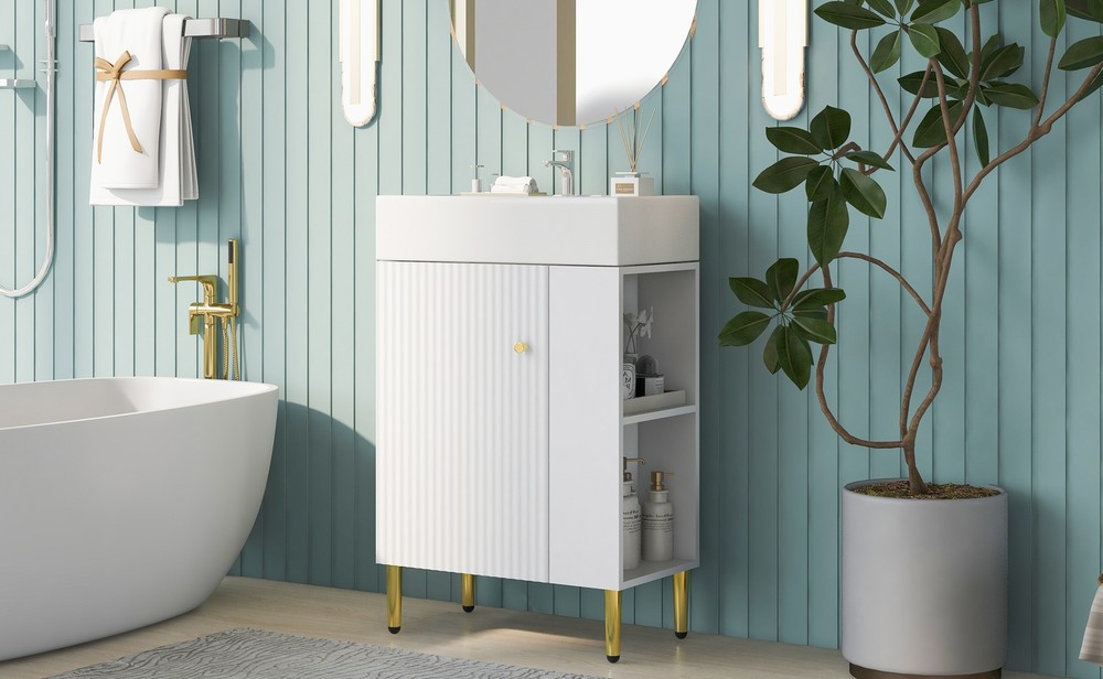 21.6" White Bathroom Vanity Combo Cabinet W/ One Ceramic Sink Right Side Storage