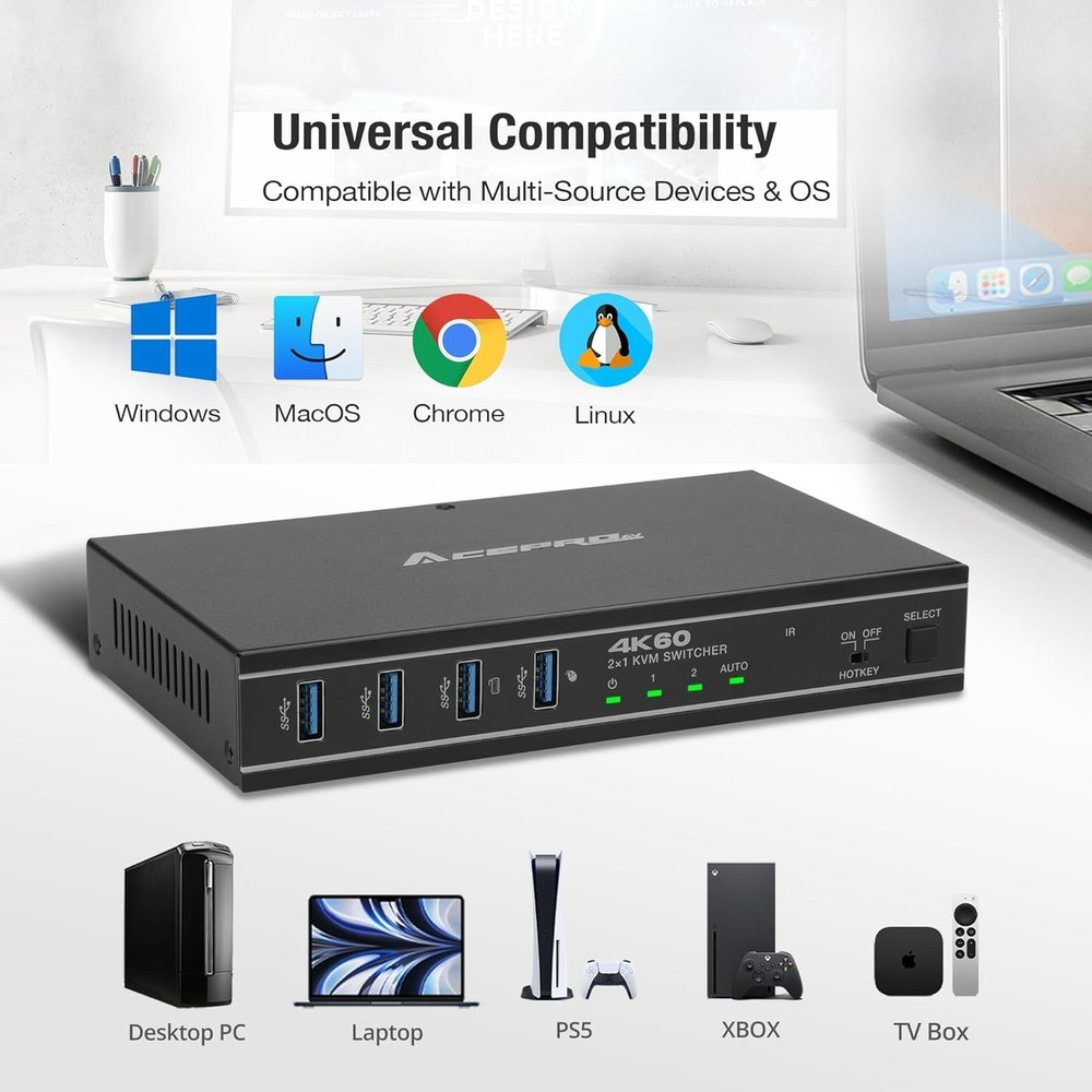 *NEW* 2x1 USB-C 4K60Hz KVM Switch with PD Pass-Through Selector for 2 Computers