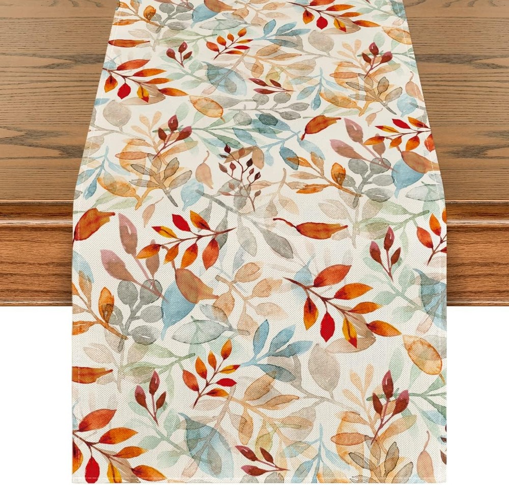 Artoid Mode Beige Eucalyptus Leaves Fall Table Runner, 13" x 72",