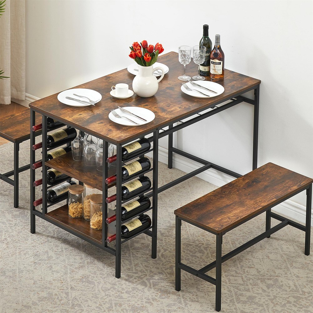 3 Piece Dining Table Set for 4 Kitchen Table Set for 4 with 2 Benches Wine Rack