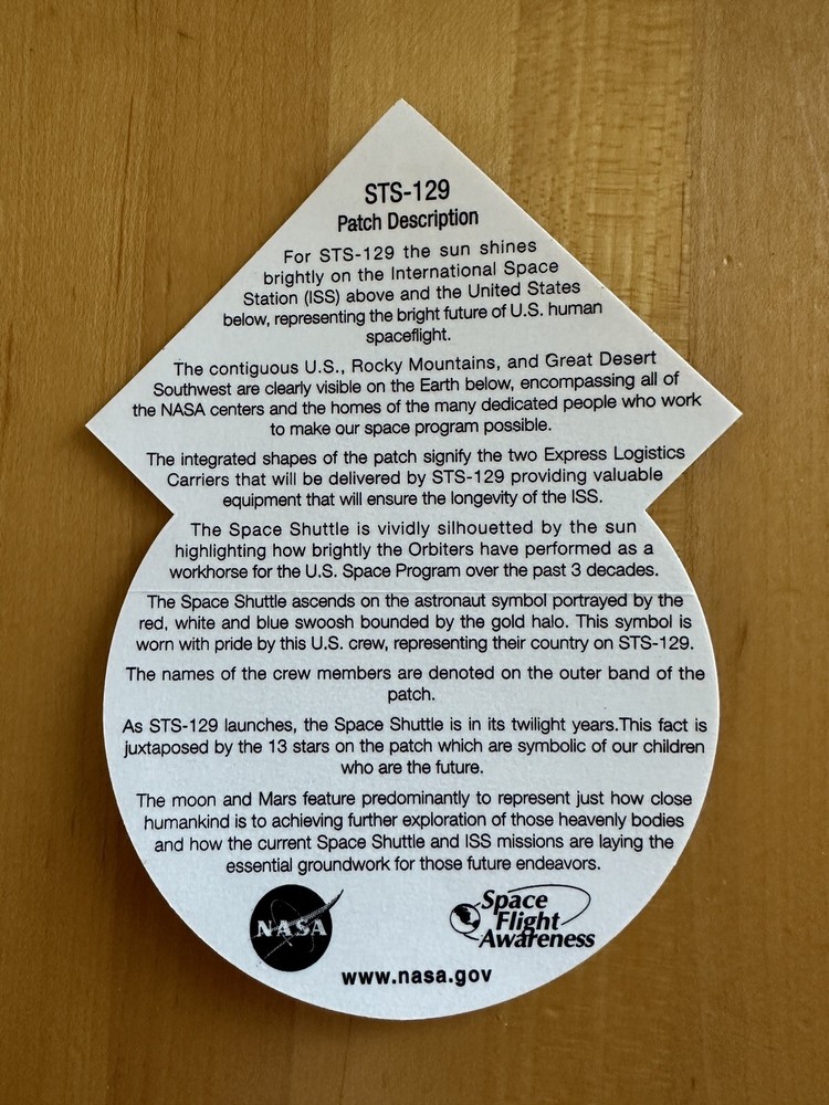 Authentic NASA Space Shuttle STS-129 Mission Patch Sticker NOT A REPRODUCTION