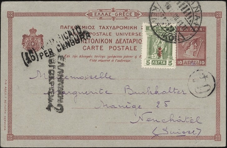 GREECE, 1918. Censor Post Card H&G 25, 236, Athens - Neuchatel