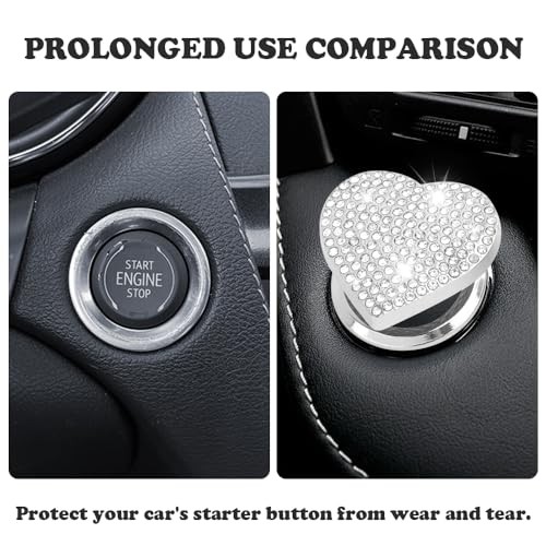 Bling Push Start Button Cover with Rhinestone,Heart Push to Start Button White
