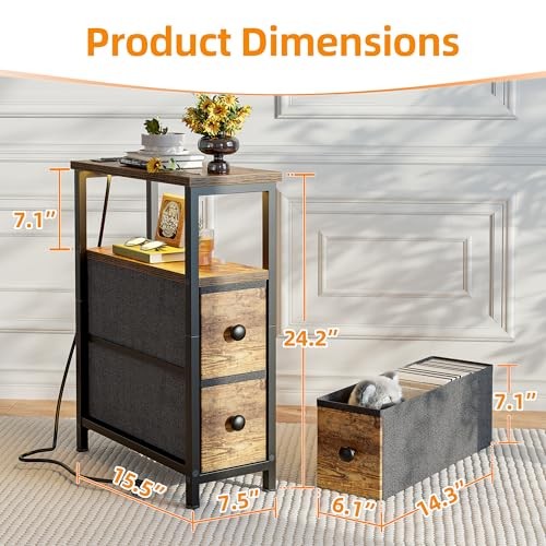End Table with Charging Station, Narrow Side Table with 2 Fabric Rustic Brown