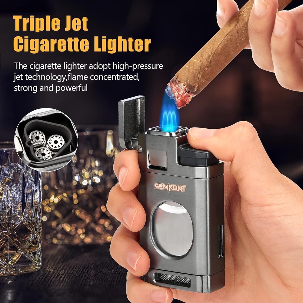 Triple Jet Flame Cigar Lighter with Cutter, Windproof Butane Refillable Torch Li