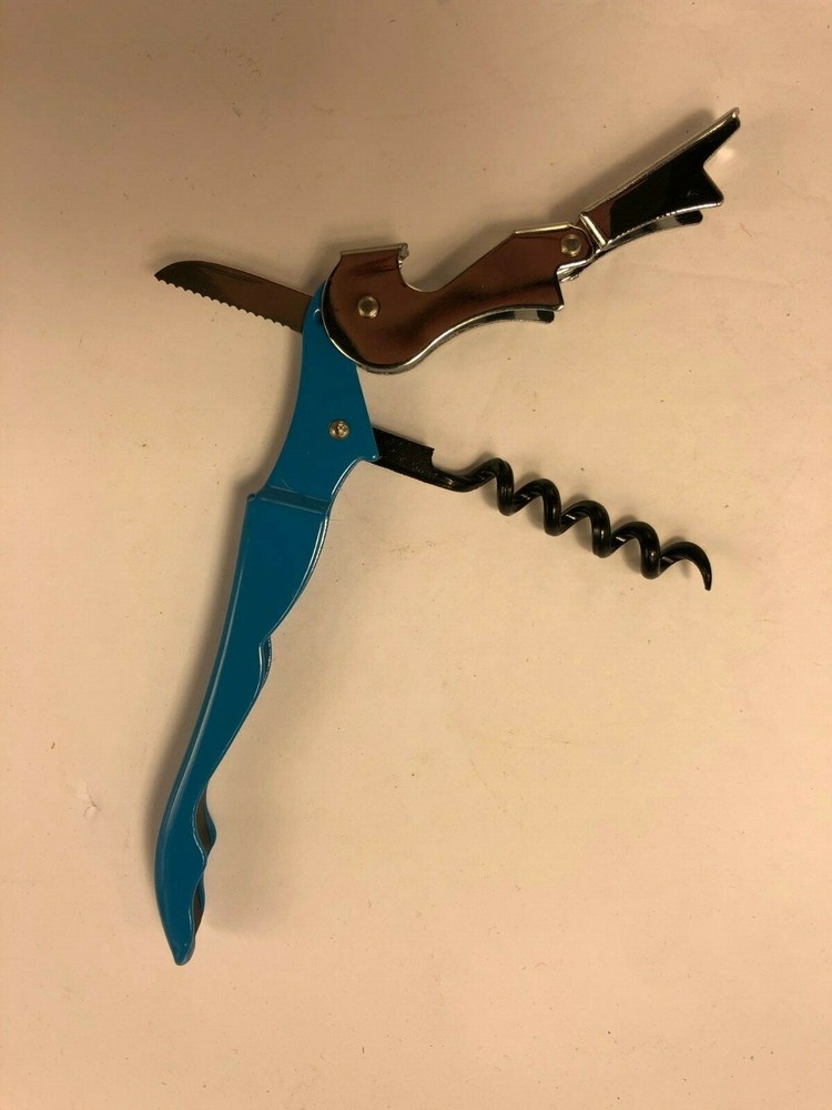 Corkscrew - Blue - 3-in-1- Foil Cutter, Can Opener, Corkscrew - Ergonomic Handle