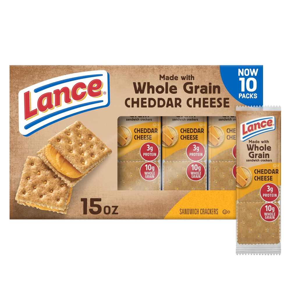 Lance Sandwich Crackers, Made with Whole Grain Crackers, Cheddar Cheese, 10 Pack