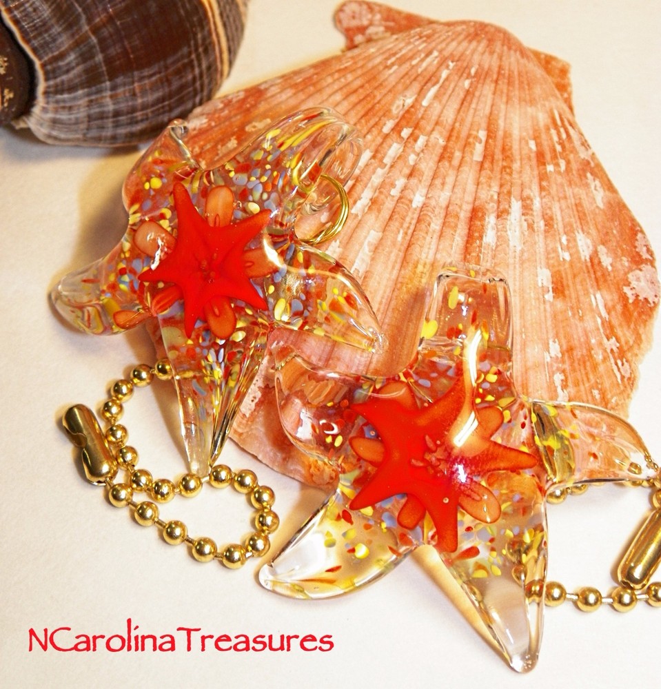 STAR STARFISH RED STARBURST ART GLASS CEILING FAN LIGHT SWITCH PULL LARGE PAIR