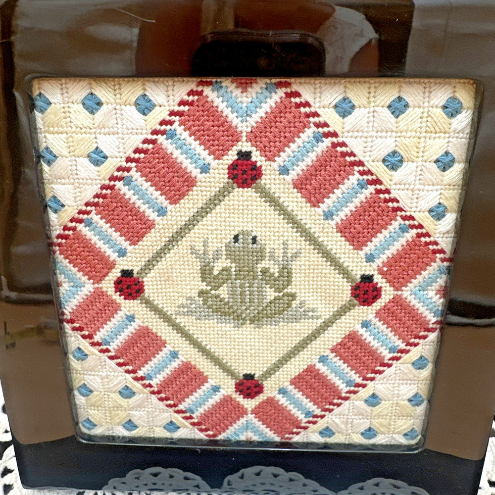 Framed Cross Stitch Frog Ladybug Betsy Box Needlepoint Art