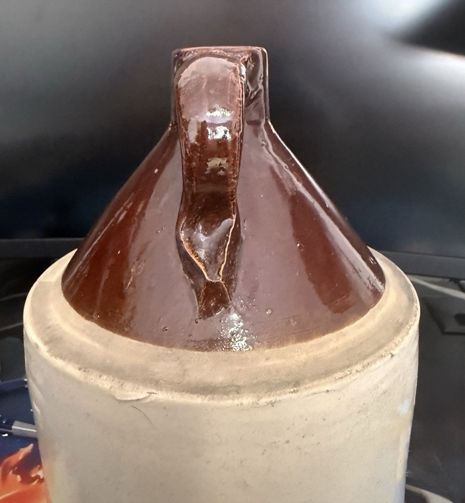 Brown Beige Glazed Stoneware Moonshine Jug with Handle Solid Round Pattern