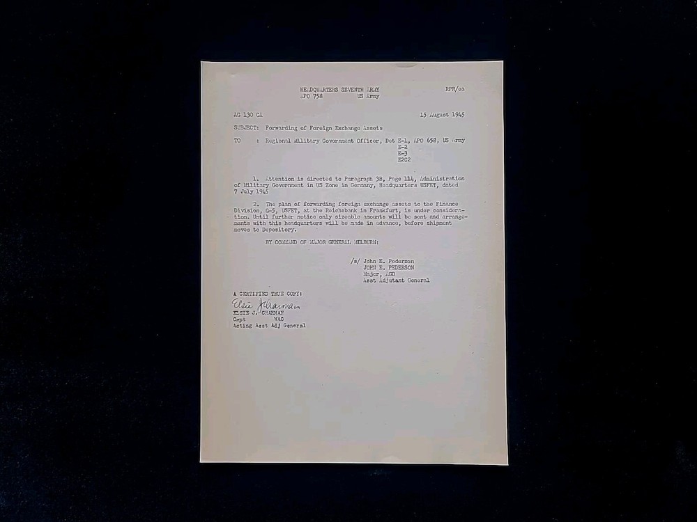 1945 Germany WWII US Army War Military Document Forward Foreign Exchange Assets