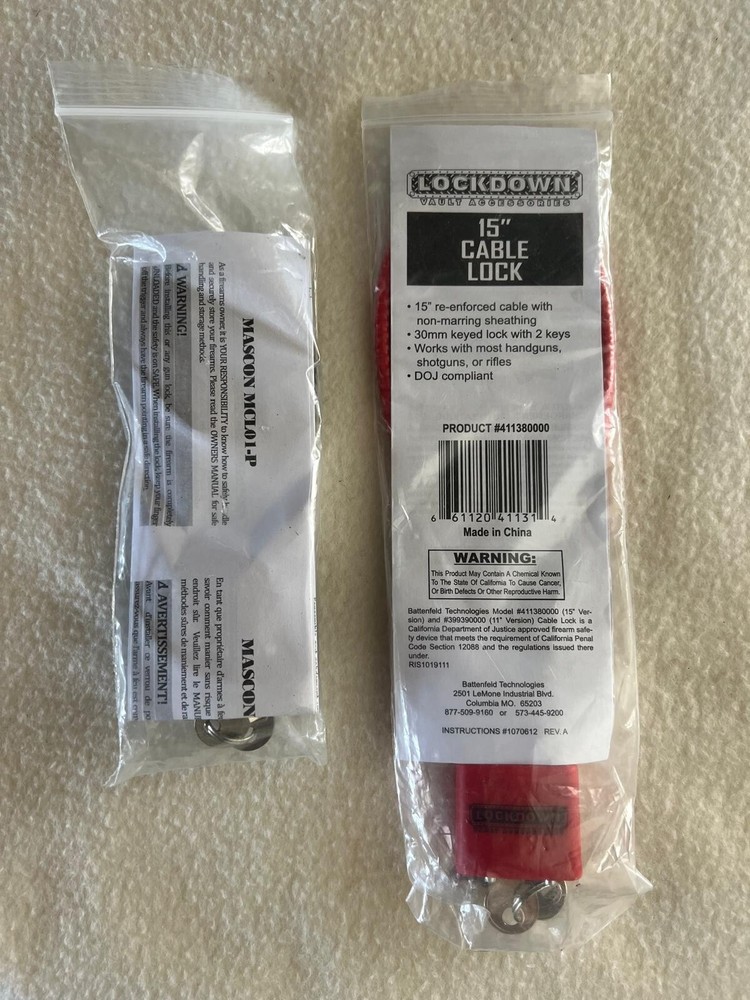 Set 2pc, Gun Safety Cable Locks, Both With 2 Keys