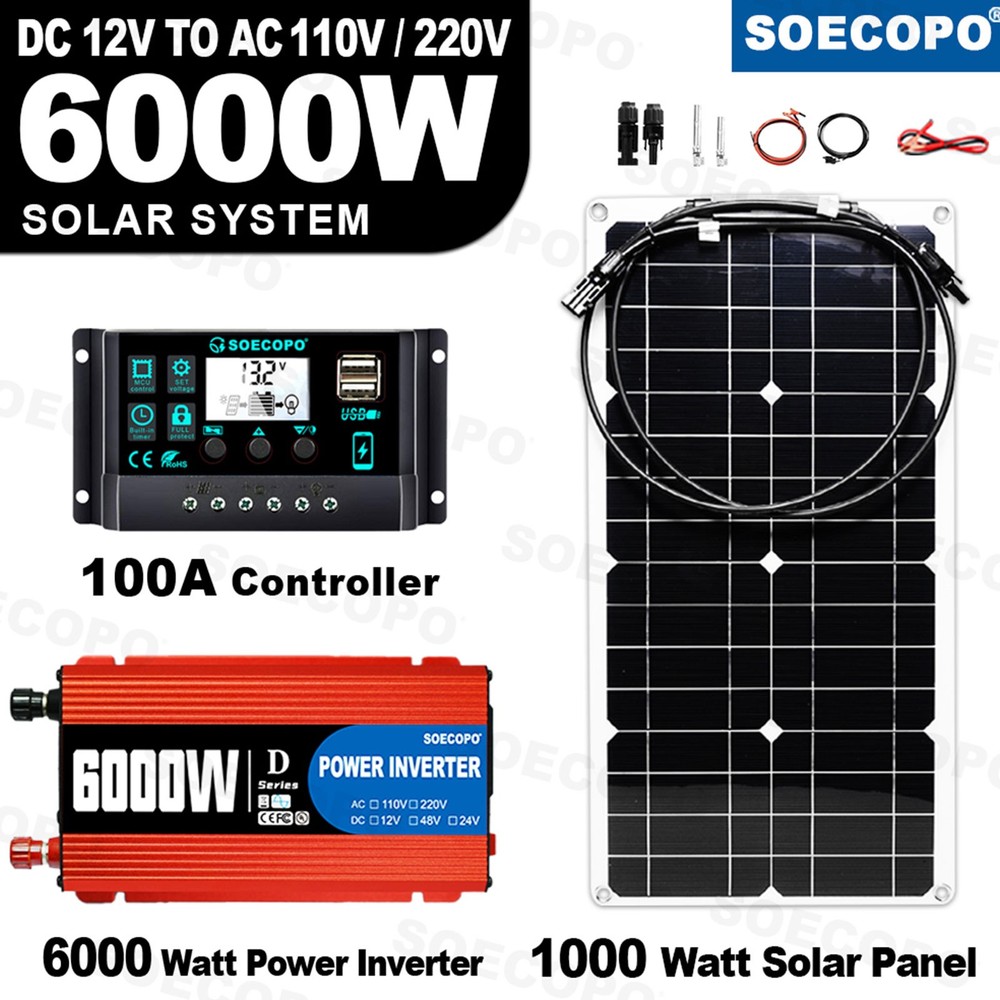 SOECOPO 6000W Solar System Kit Flexible Panel 100A Controller, 12V DC to 110V