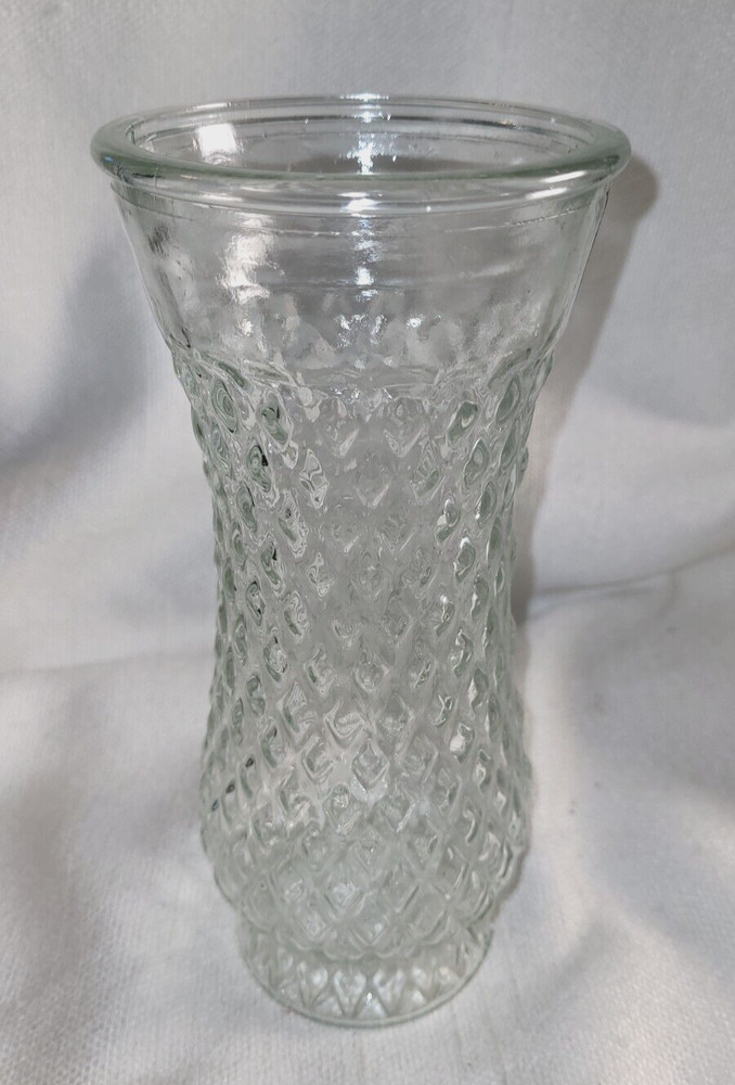 Vintage Diamond Pattern Clear  Pressed Glass Bouquet Vase 8.5"