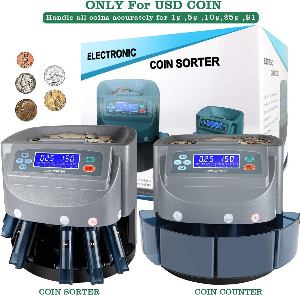 USD Coin Counter Machine - Professional Automatic Coin Sorter and Wrapper/Roller