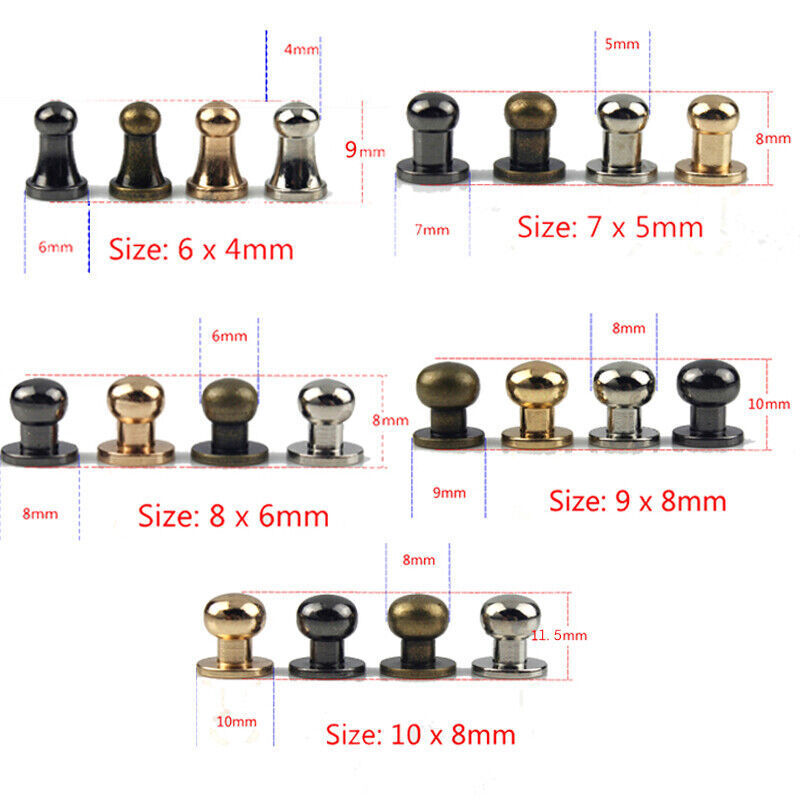 10 Set 6/7/8/9/10mm Solid Brass sam brown browne Button Screw Studs Round Rivets