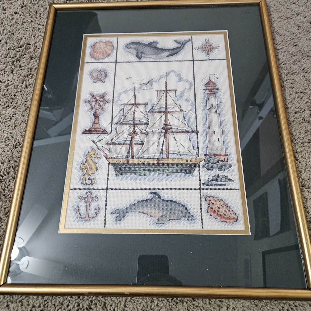 Framed Maritime Sampler Cross Stitch Beautiful Frame Dated Christmas 1996 Sea