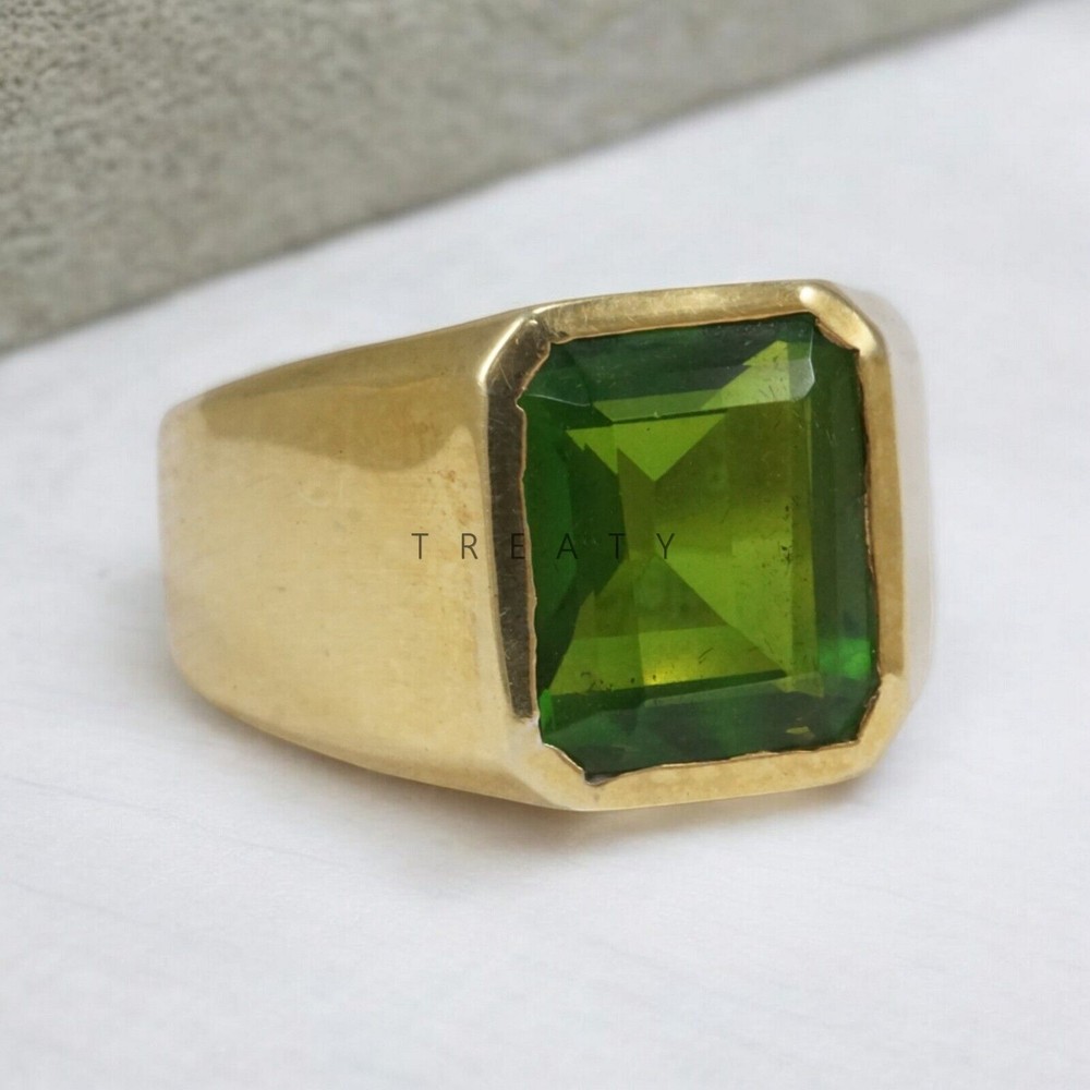 Peridot Emerald Cut With 14K Solid   Gold  Ring For Men's #A41