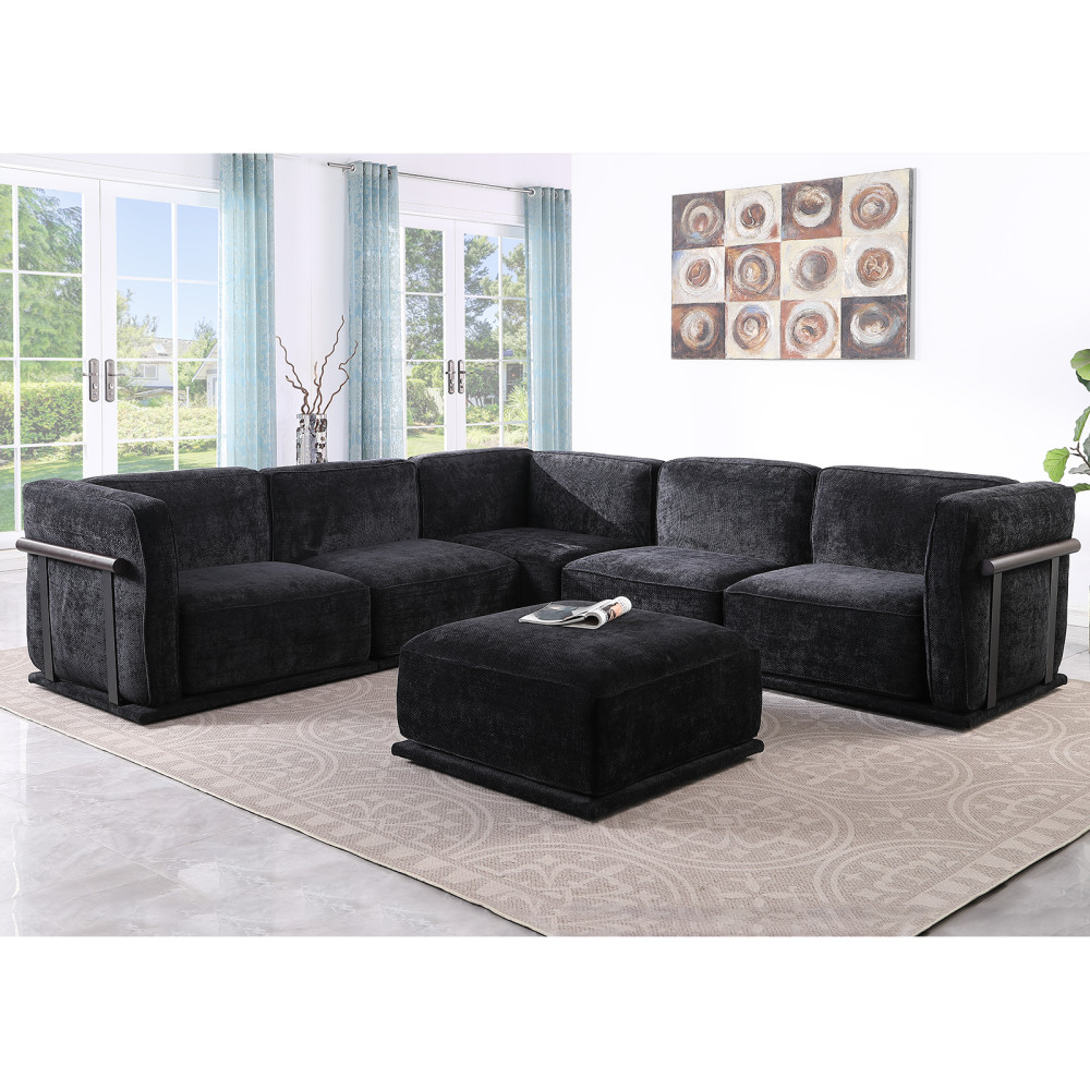 120 Inch Black Chenille Modular Sectional Sofa, Square Arms, Split Back, Modern