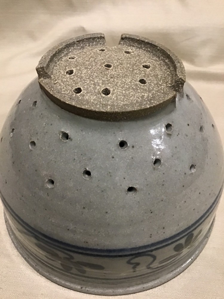 Vintage Blue And Grey Stoneware Colander Strainer 7"