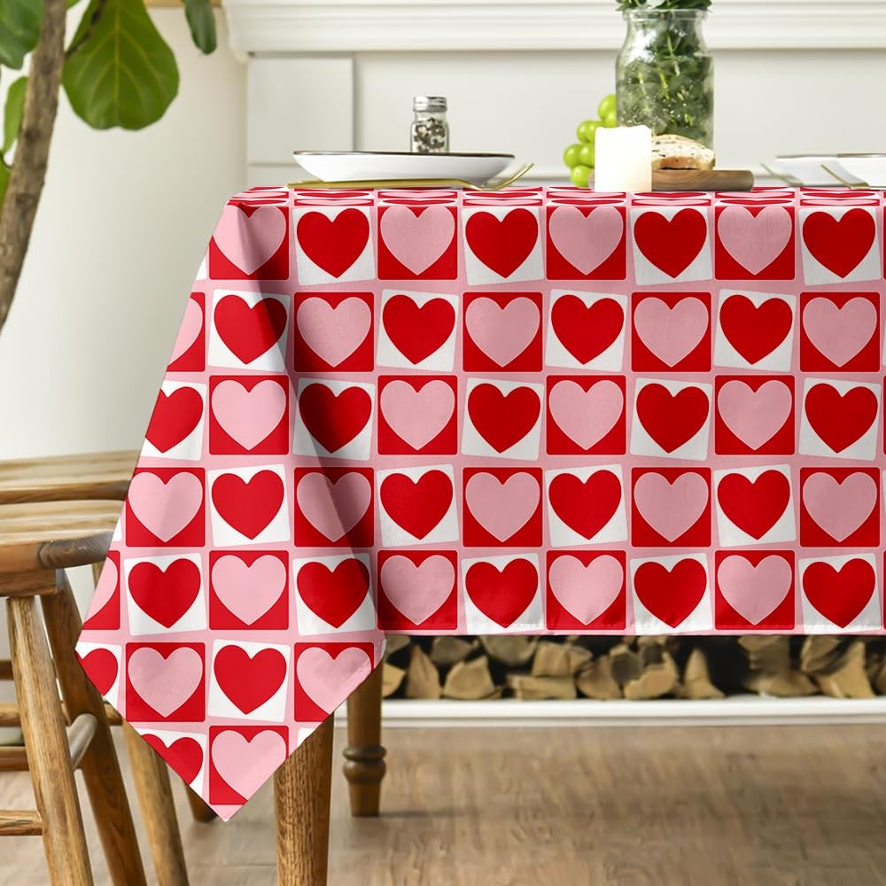 Valentines Day Tablecloth 60x84 Inch Rectangular Red Pink Heart Plaid Washable