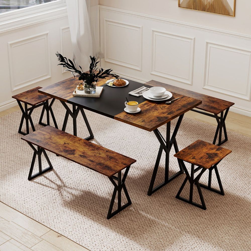 Space-Saving 5-Pc Industrial Dining Set: Table, Benches, Stools