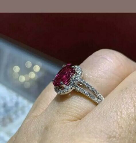 3.40 Ct Real Natural Ruby Diamond Engagement Beautiful Ring 14K Solid White Gold