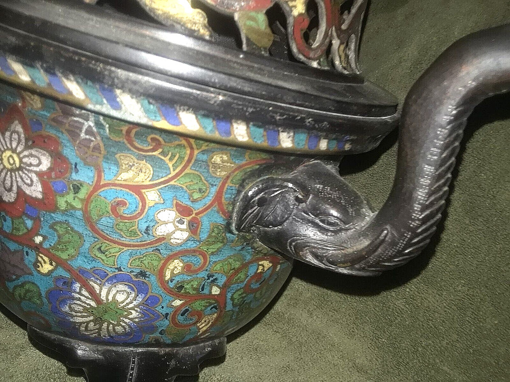 OLD CHINESE CLOISONNE 16" COVERED INCENSE/CENSOR◇7 FIGURAL ELEPHANTS◇MARKED◇A+