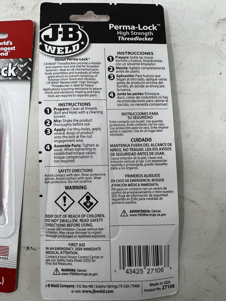 2 pack J-B Weld 27106 Perma-Lock High Strength Threadlocker - Red - 6 ml