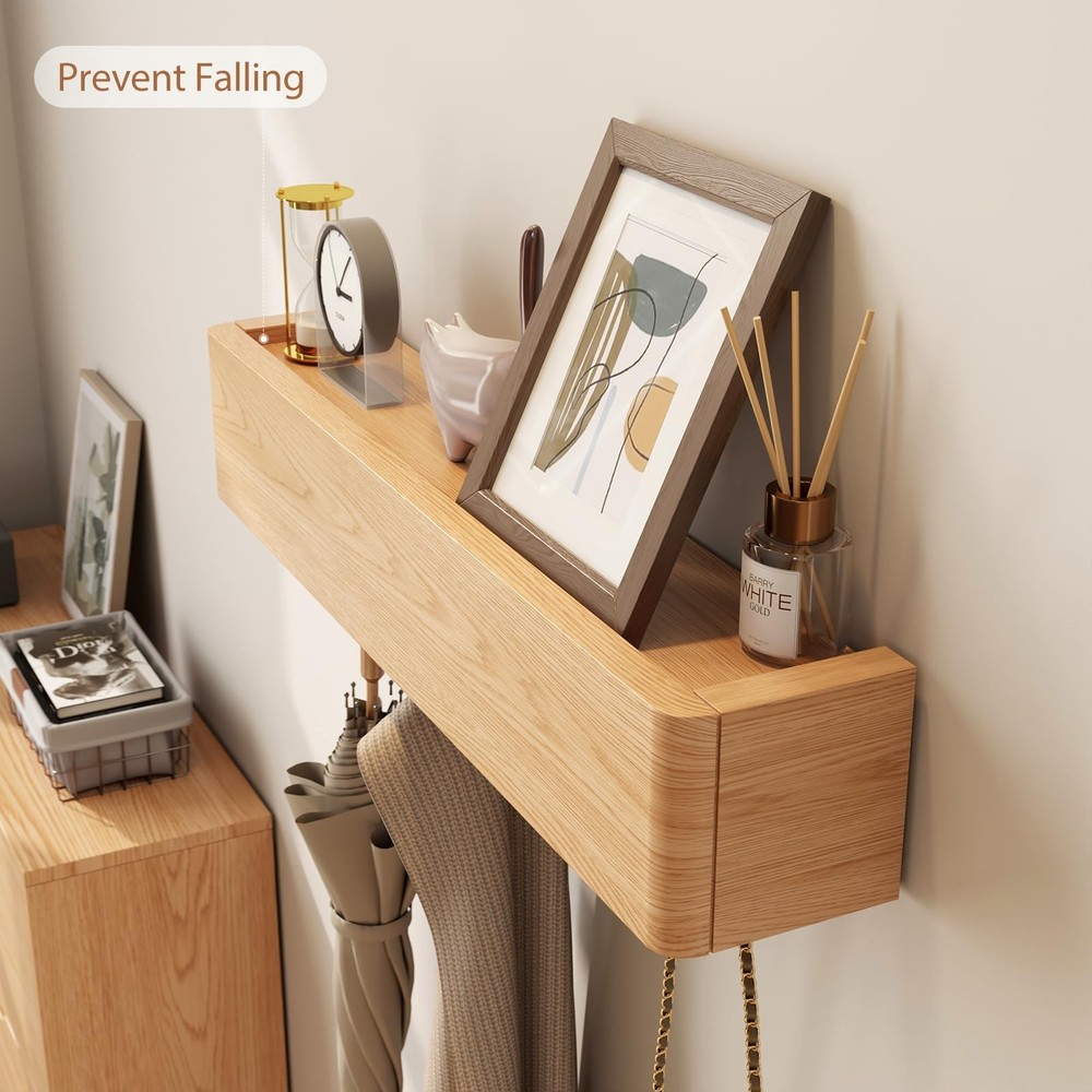 Solid Wood Wall Mounted Coat Rack with Shelf Hooks - Modern Floating Shelves ...
