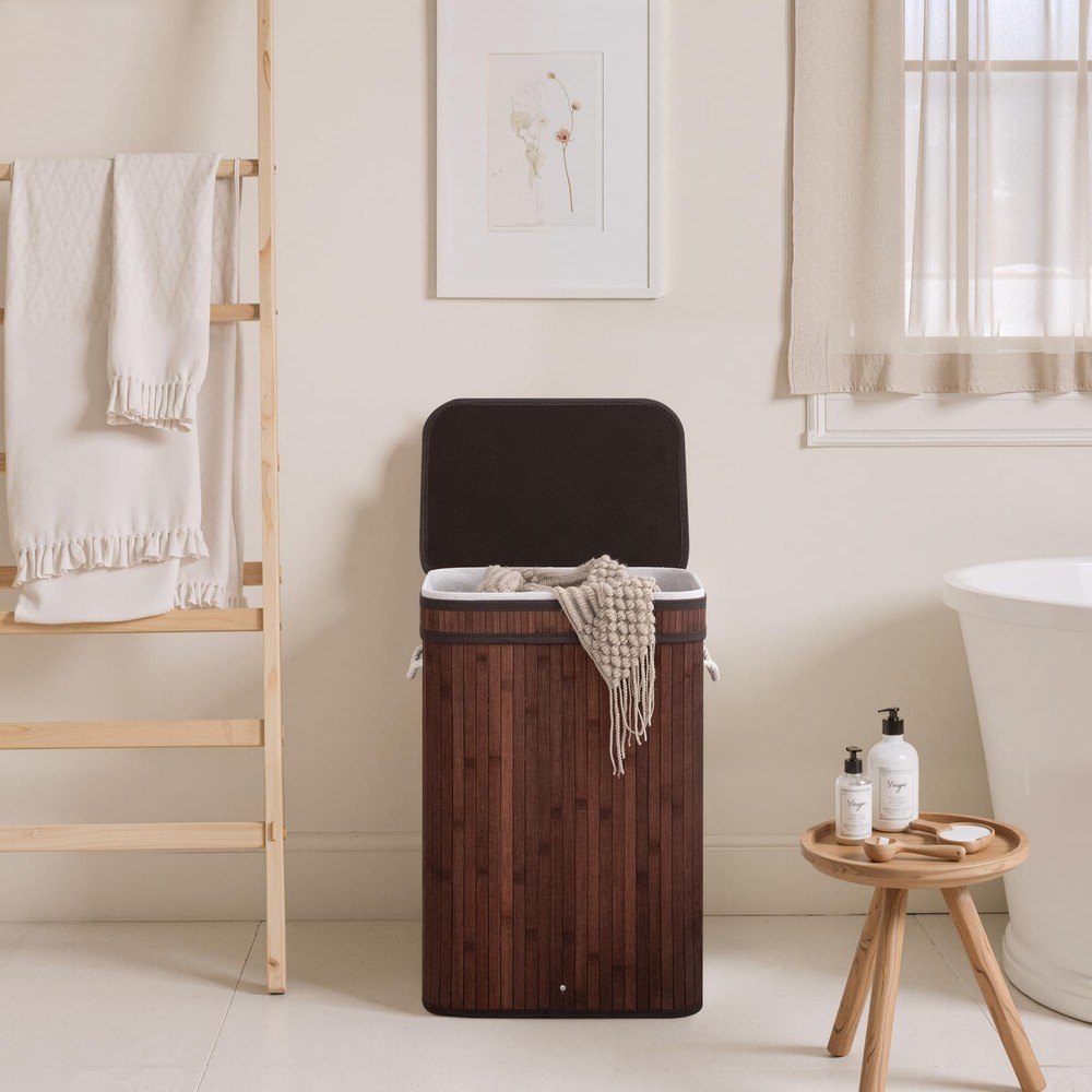 Laundry Hamper with Lid, Foldable Bamboo Laundry Basket, Clothes Hamper with ...