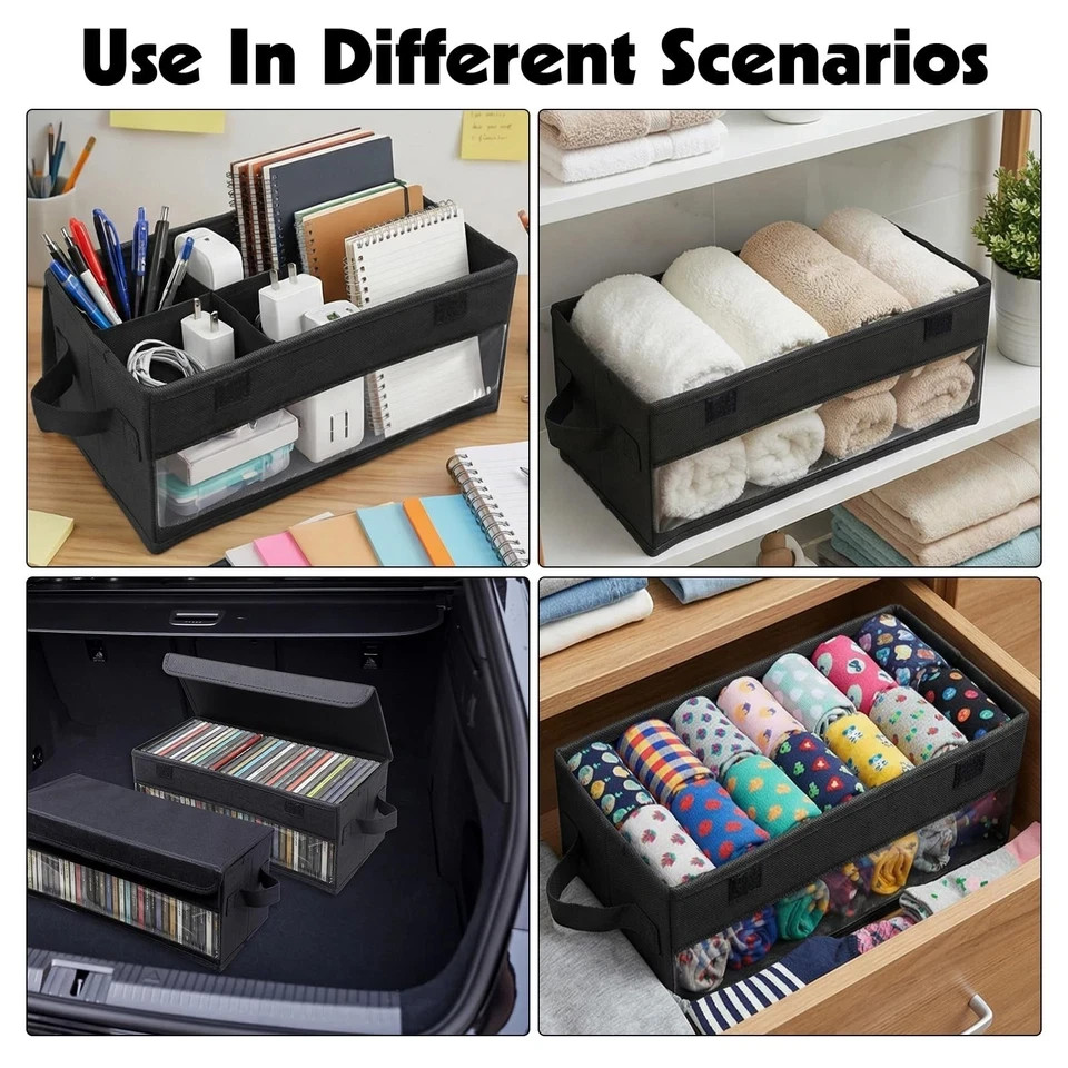 2 Pack CD Storage Box Case Holder w/ Handles and Lid, Stackable CD Organizer Box