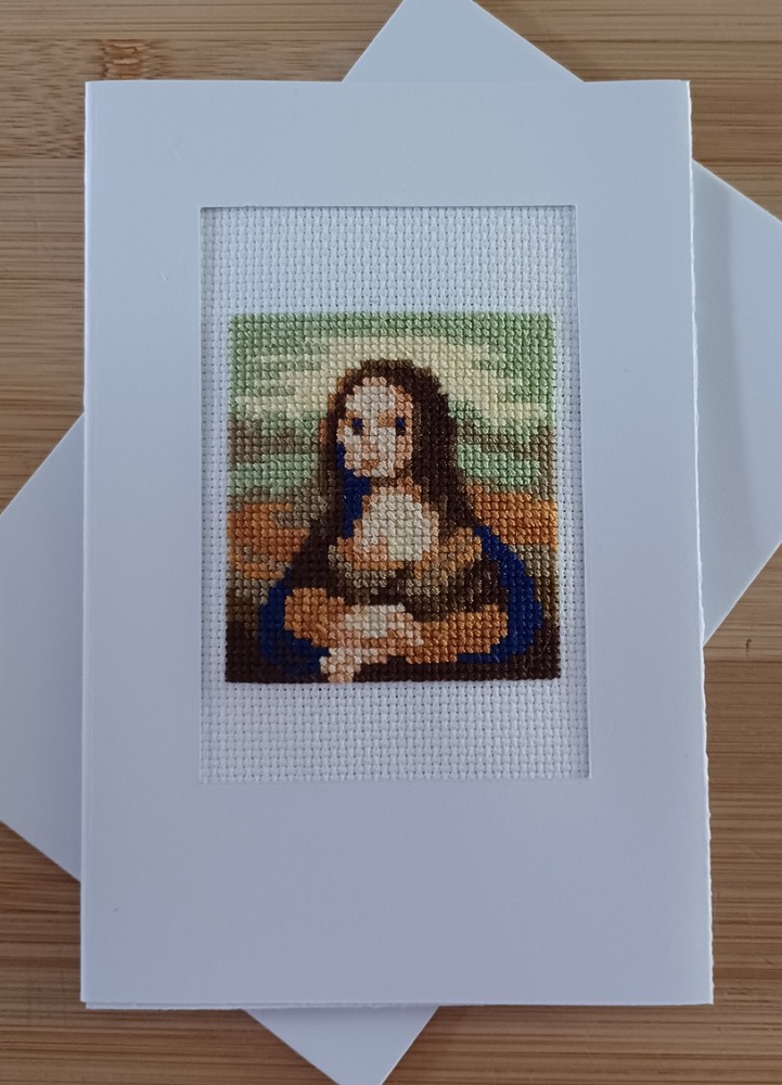 Da Vinci Mona Lisa inspired. X-stitch. White card, blank insert & envelope.