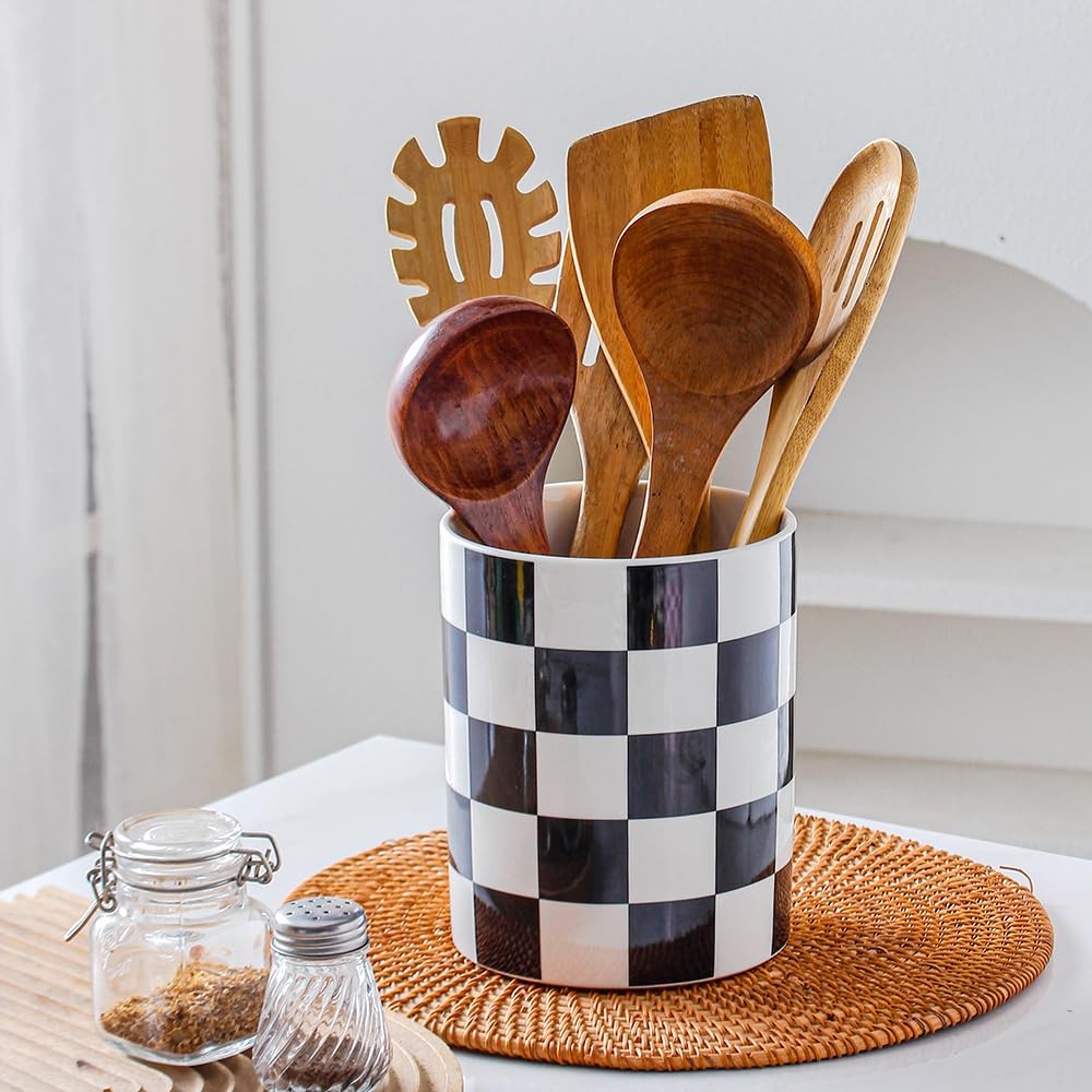 Kitchen Utensil Holder, 6.3 Inch Checkered Ceramic Cooking Utensil Holder Mod...