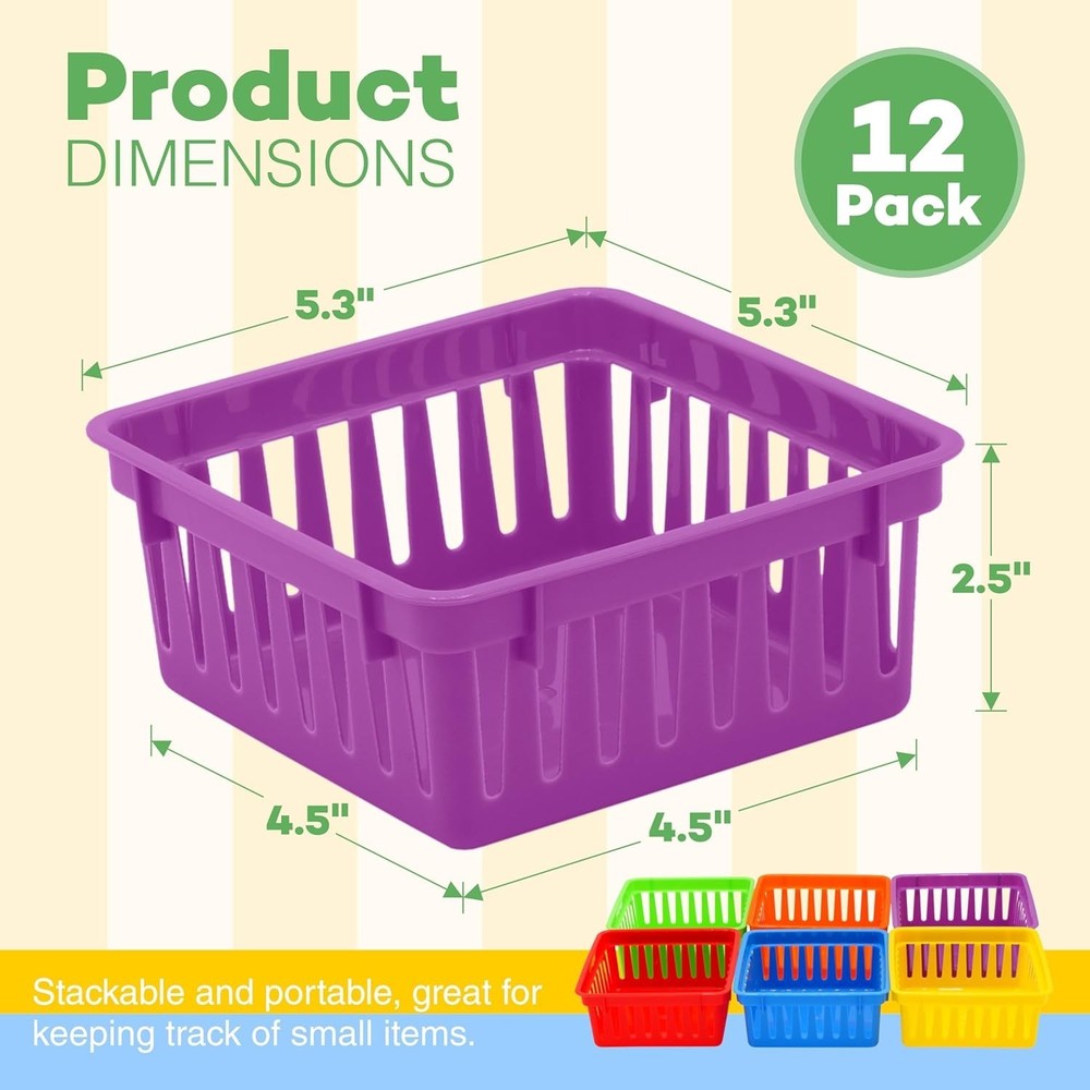 12 Pack Small Classroom Storage Baskets, Square 4.5" Sturdy Plastic Colorful ...