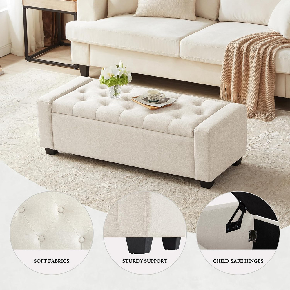 48" Ottoman with Storage, Storage Ottoman Bench with Safety Hinge, Upholstered E